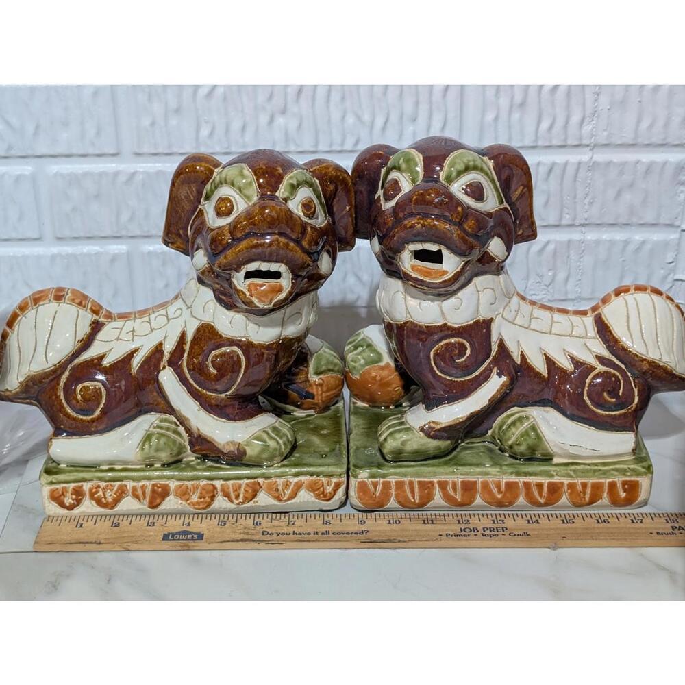 Rare Vintage Chinese Pair of Ceramic Foo Dog Statues - Picture 5 of 7